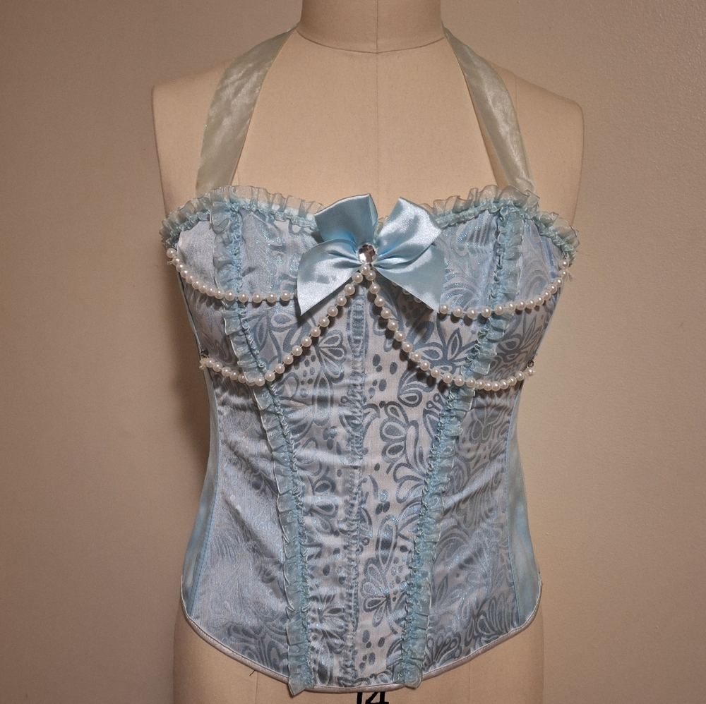 Elegant Blue Corset with removable Brooch Pearl Accents size 2XL